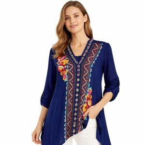 Andree Embroidered Boho Tunic Blue Floral Resort Vacation Top Size L